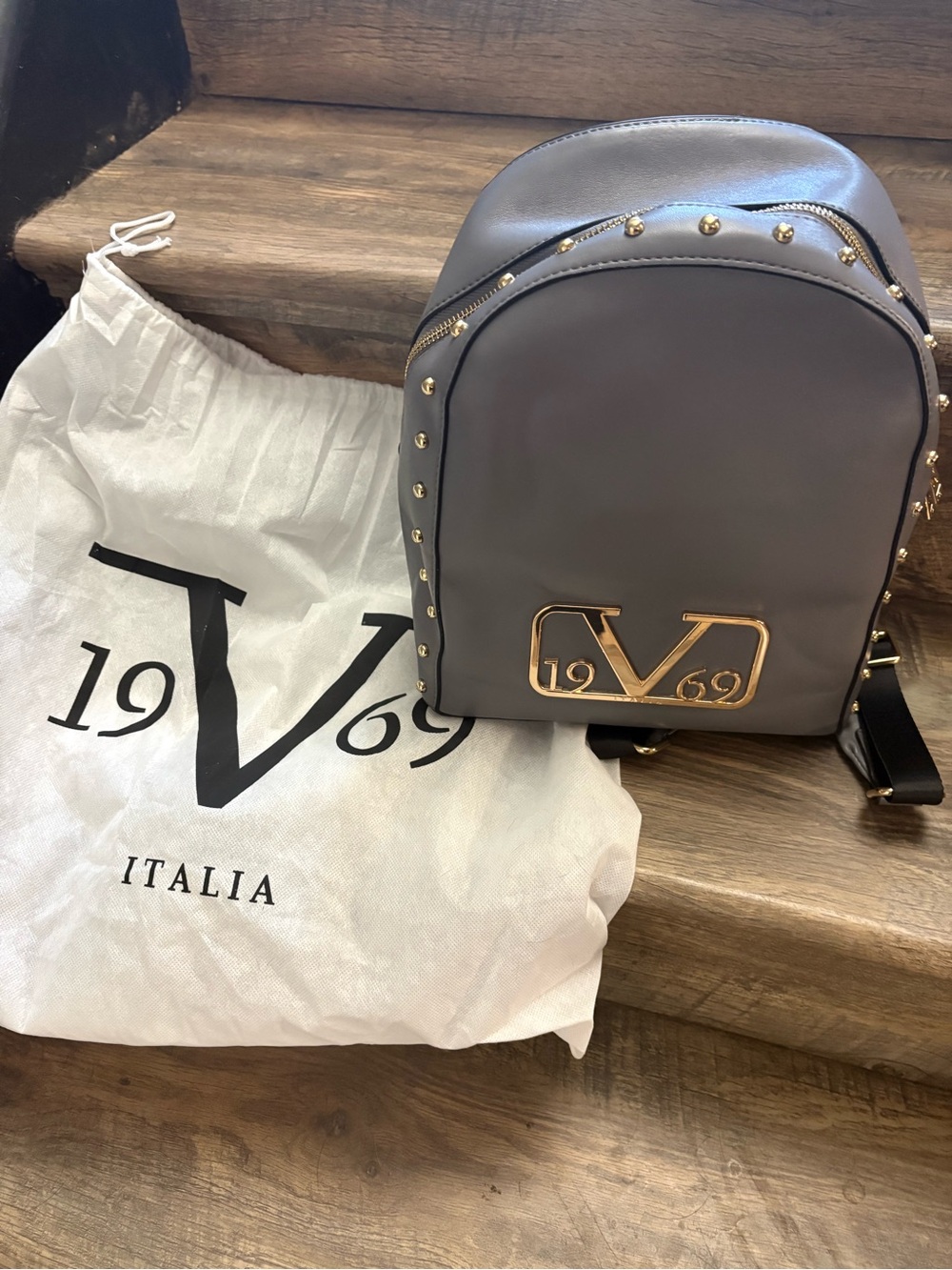 Versace 19V69 Gray Mini Backpack with Gold Studs and Logo